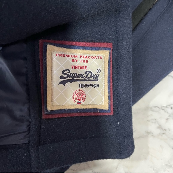 Superdry Heavy Weight Wool Navy Blue Peacoat Tailored Fit High Collar Men’s S - Picture 11 of 13